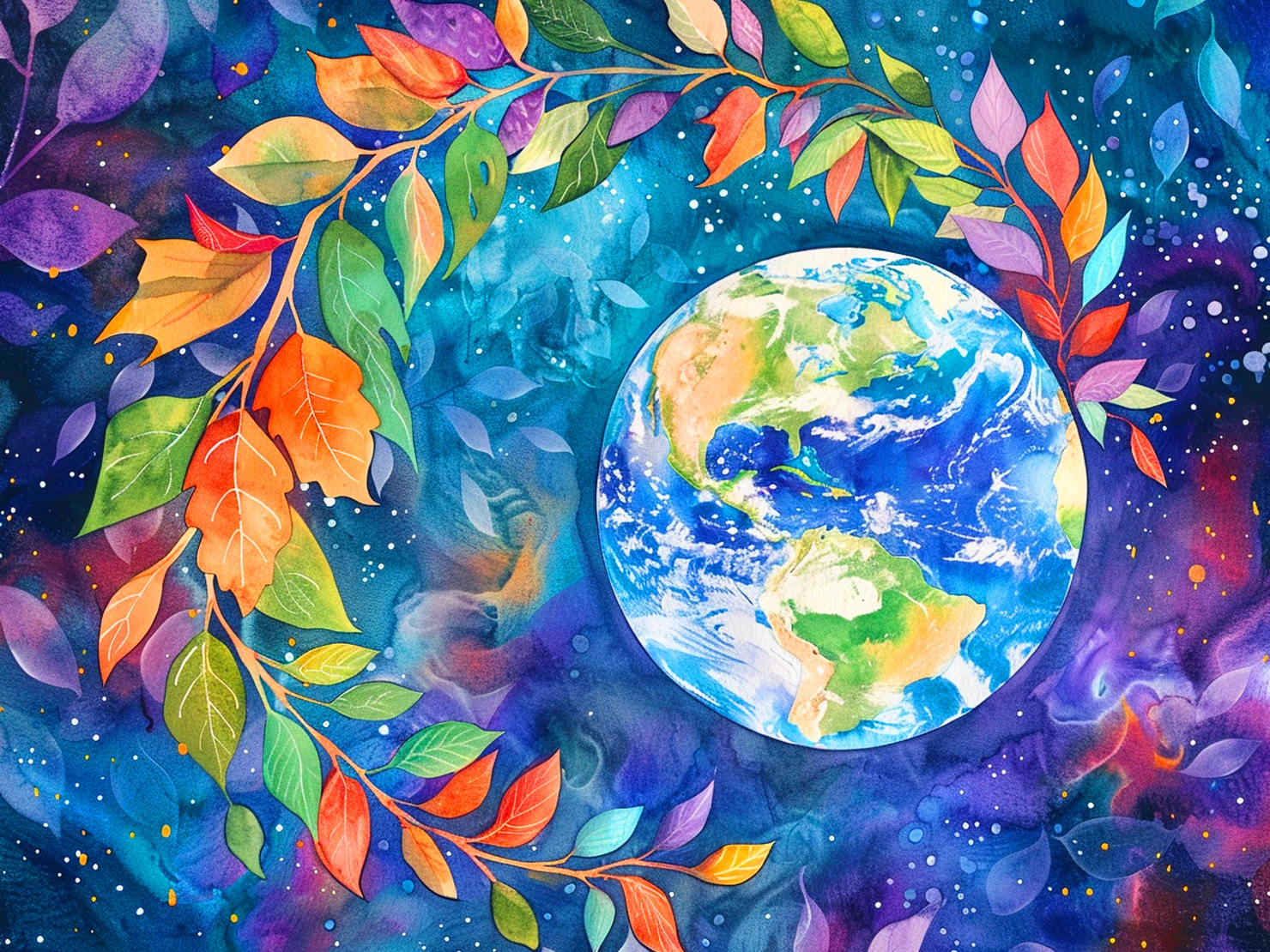 Abstract image of the earth with leaves swirling around it in space