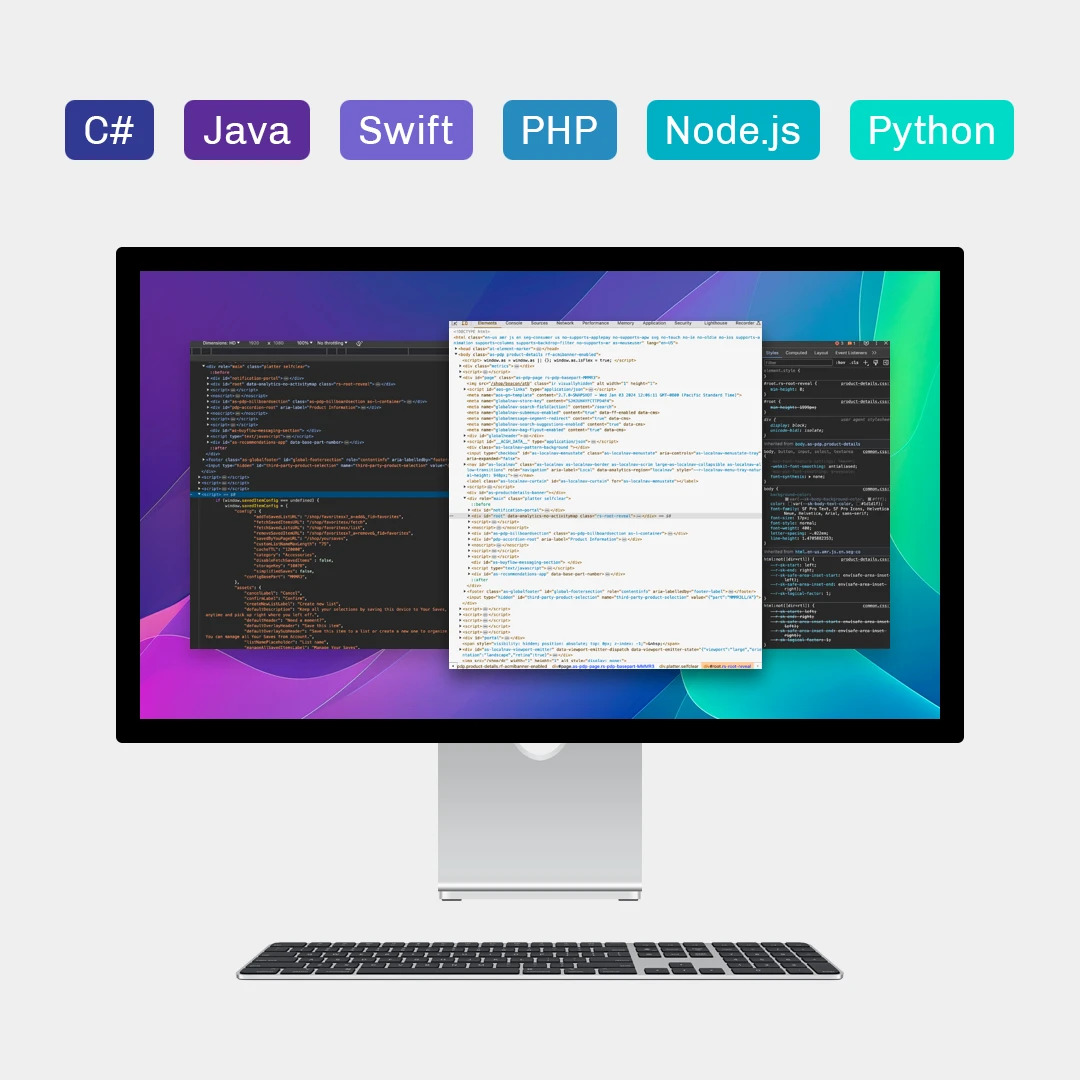 Software and desktop application programming, including C#, Java, Swift, PHP, and Node.js