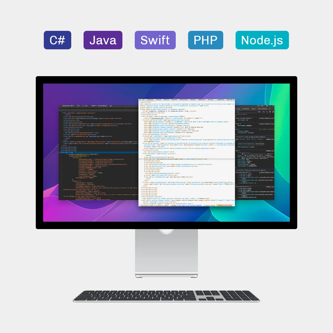 Software and desktop application programming, including C#, Java, Swift, PHP, and Node.js